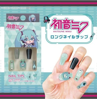 Hatsune Miku Long Nail Tips, Peel-and-Stick, 3D Design, 24 Pieces