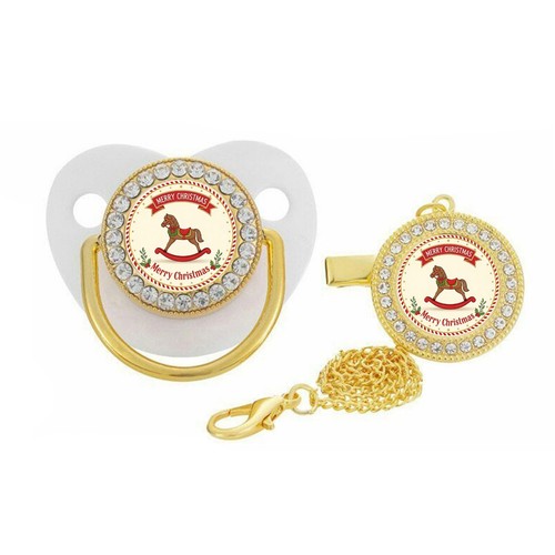 Baby Pacifier & Clip Set – Rocking Horse Merry Christmas Design – Holiday Gift - Picture 6 of 13