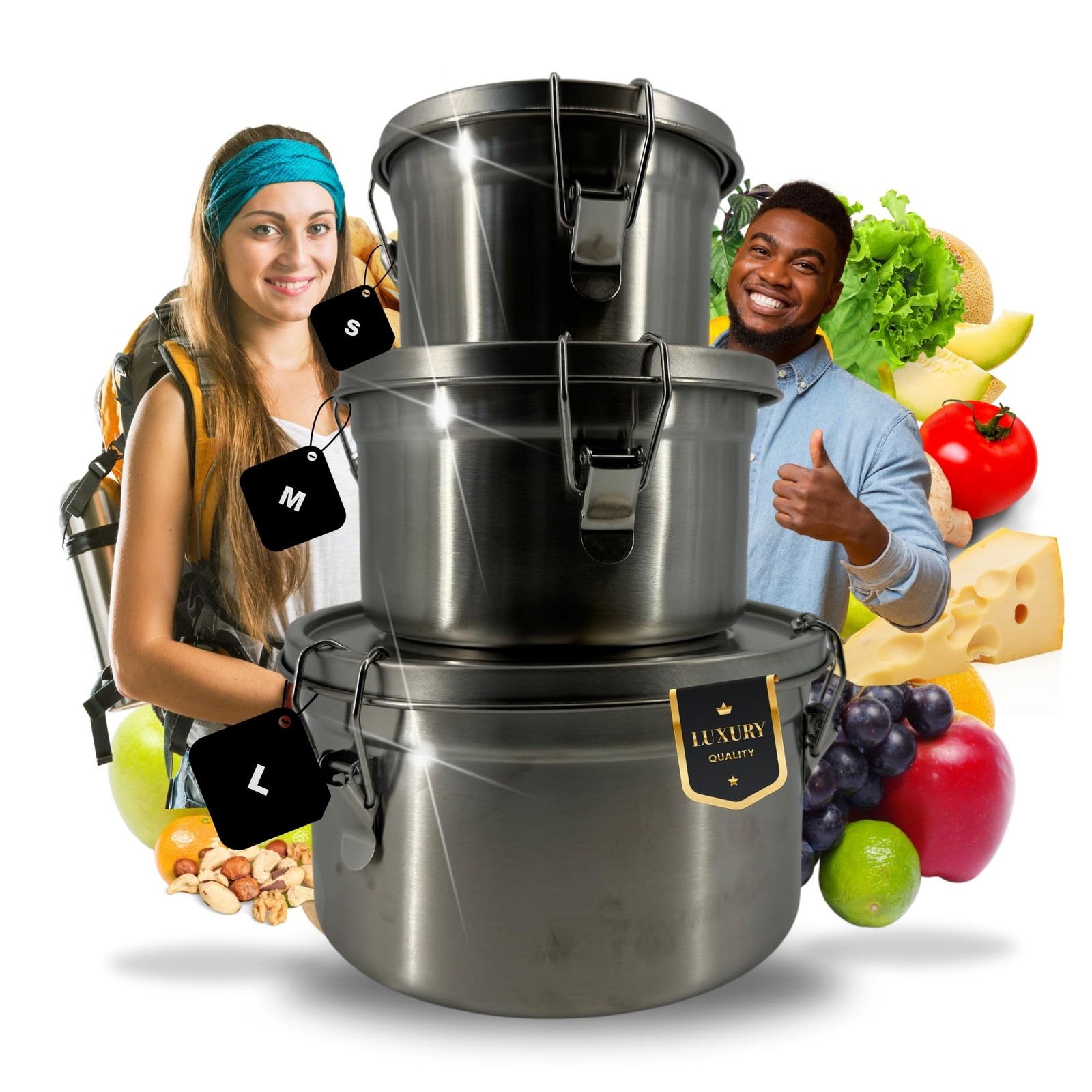 3 Fiambreras Premium Recipiente de Acero Inoxidable con Tapa para Camping Cocina Caja de Lata de Pan