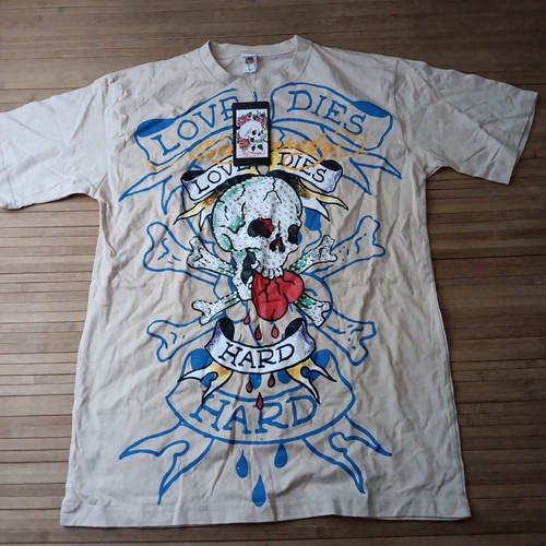Vintage Y2K NWT Ed Hardy Skull Rhinestone Tan Shirt Tattoo Size XL