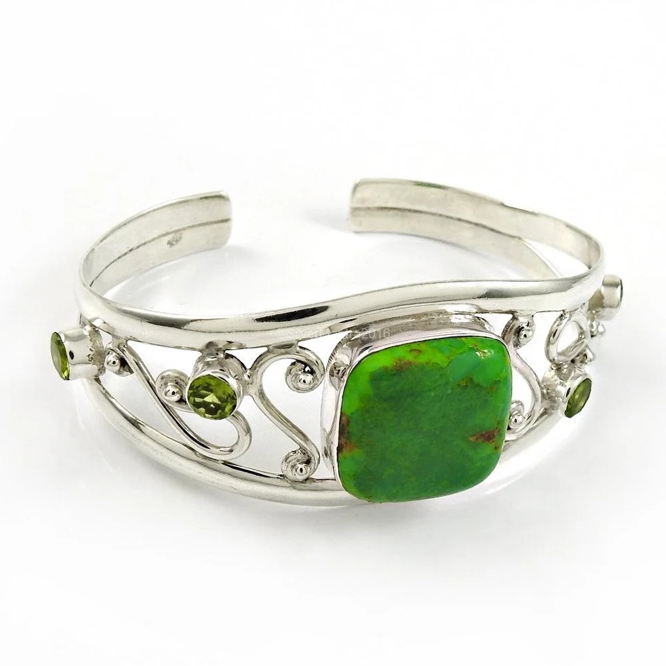 Cushion December Green Copper Turquoise 925 Solid Silver Daughter Bangle Jewelry - Image 3 of 4