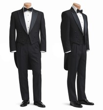Men's Black Tuxedo Tailcoat 100 Wool with Satin Peak Lapels Full Dress Formal