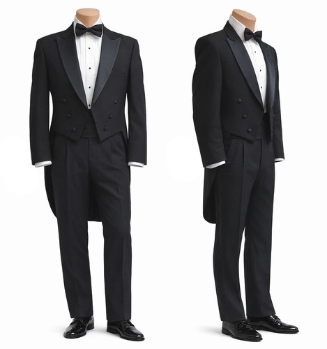 Men's Black Tuxedo Tailcoat 100% Wool with Satin Peak Lapels Full Dress Formal