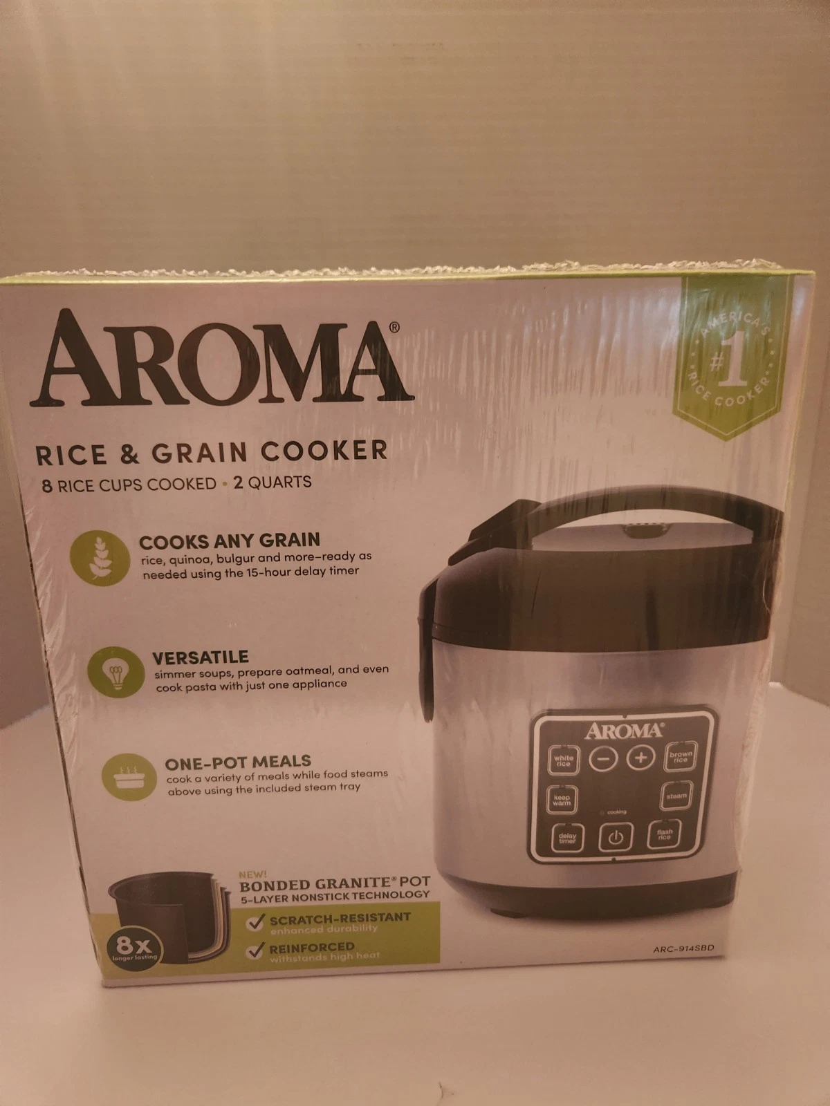 New Aroma 8-Cup (Cooked) Rice & Grain Cooker, Steamer, Bonded Granited Coating