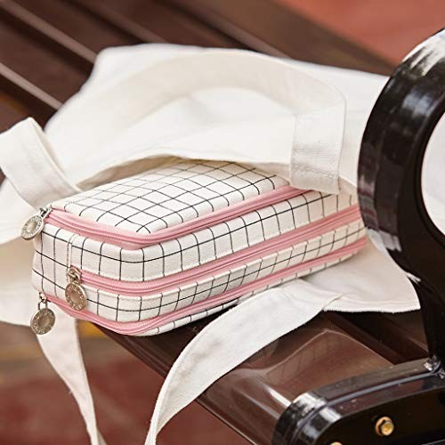 Large Pencil Case Big Capacity 3 Compartments Canvas Pink Strip Black Grid - Bild 4 von 6