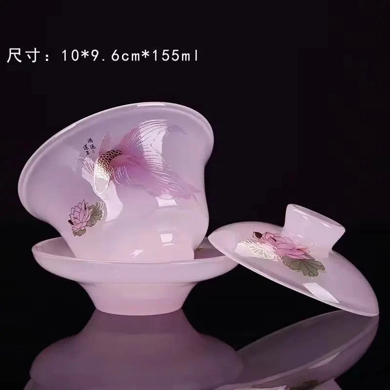 Juego de té de vidrio grande de porcelana de jade de pescado Sancai Gaiwan de kungfu chino  Foto 2 de 2