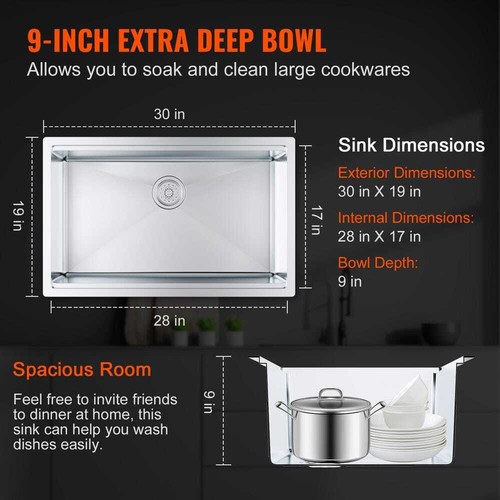 Kitchen Sink 304-Stainless Steel Drop-in Sinks 30 in. Undermount Single Bowl Bas - Picture 3 of 8