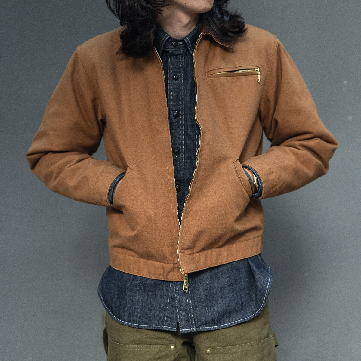 Retro Jacket Short Canvas Workwear Jacket Mens Casual Zipper