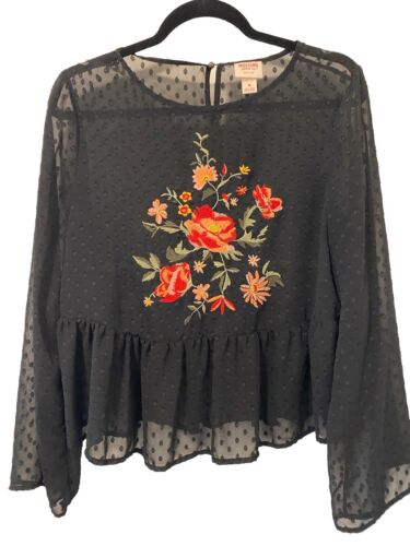 Mossimo Womens Size Medium Black Sheer Swiss Dot Floral Embroidery Top Peplum
