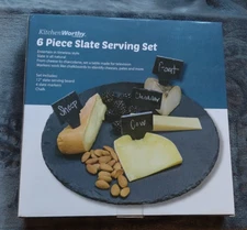 KitchenWorthy Slate Serving 6 Piece Set Tray Platter Plate Labels Tags Chalk NIB