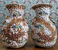 Antique Japanese Taisho Crawling Shino Brain Glaze Enamel Dragon Ceramic Vases