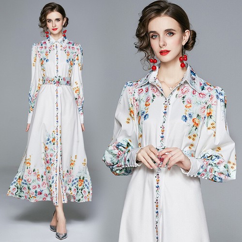 Spring Summer Women Retro Printed Shirt Collar Fashion Bubble Sleeves Long Dress