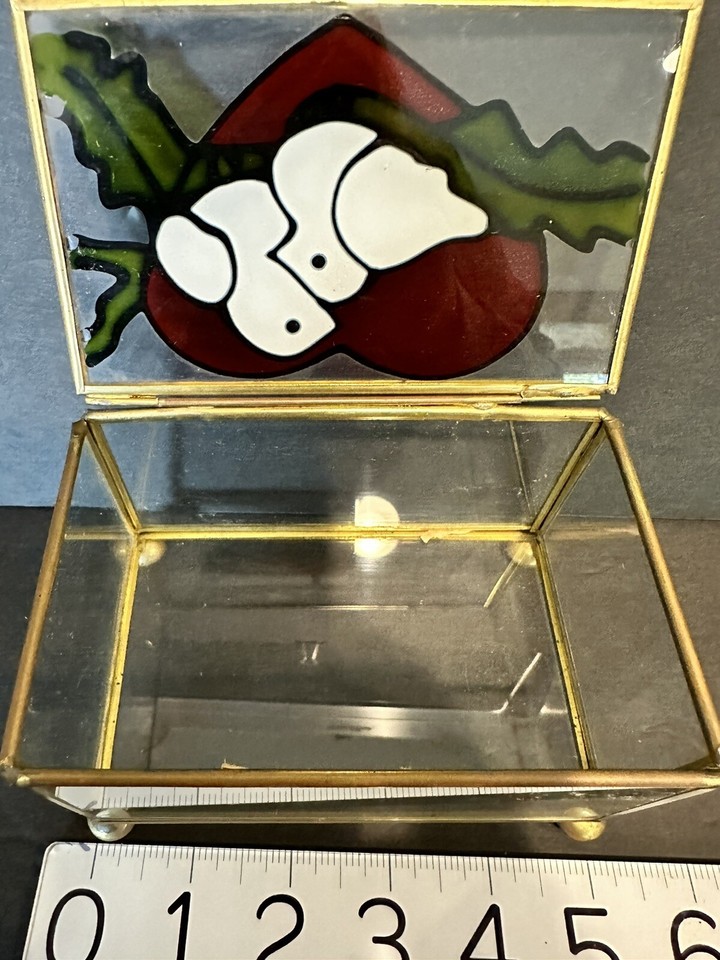 Vintage Stained Glass Brass Jewelry Box w Red Valentine Heart Plus 2