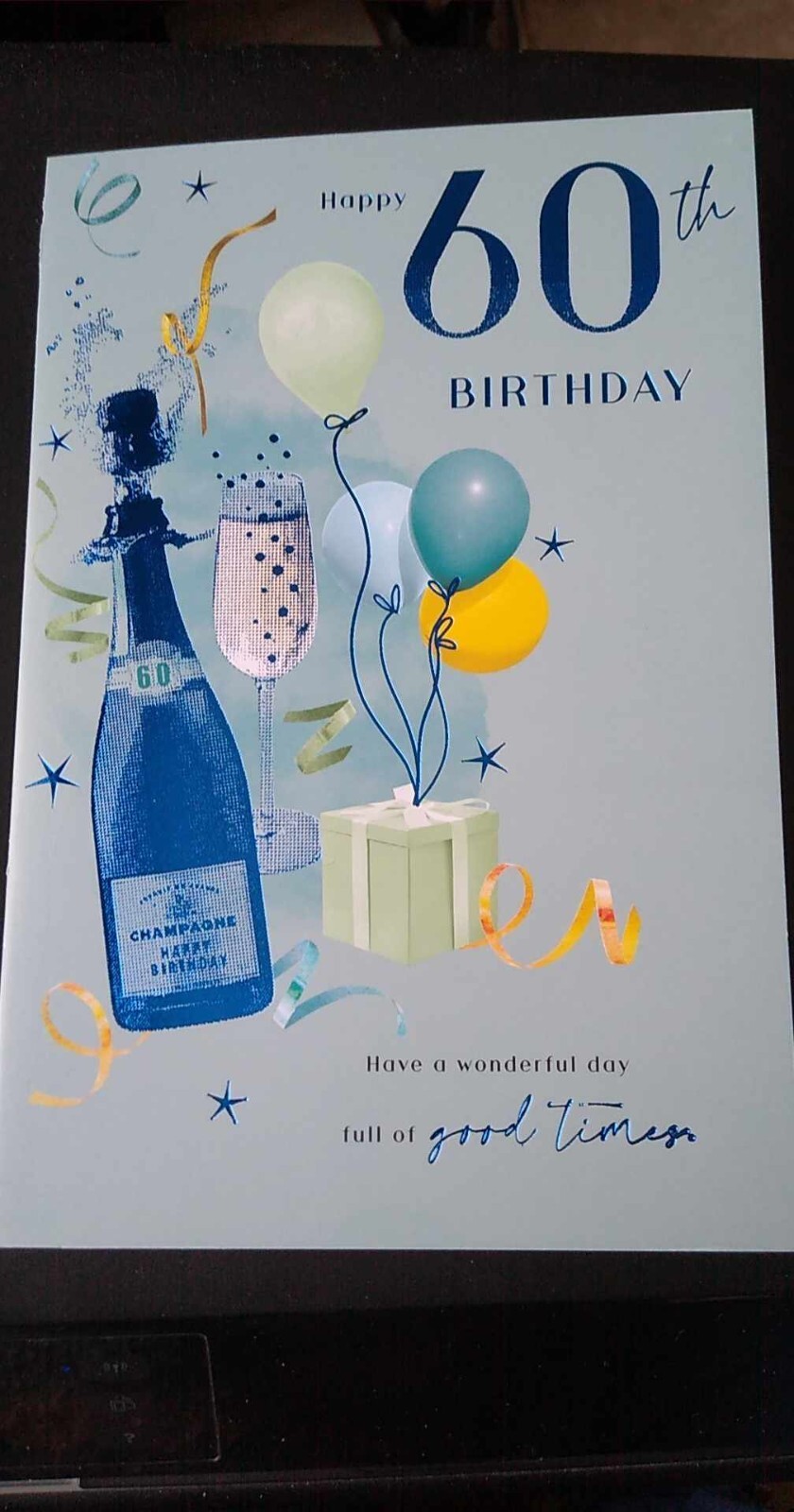 LARGER SIZE 60th BIRTHDAY CARD  - AGE 60 - CHAMPAGNE, BALLOONS, PRESENTS