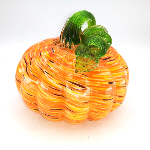 Vintage soplado a mano 4" remolinado arte vidrio naranja calabaza con tallo verde rizado verde verde - Imagen 7 de 8