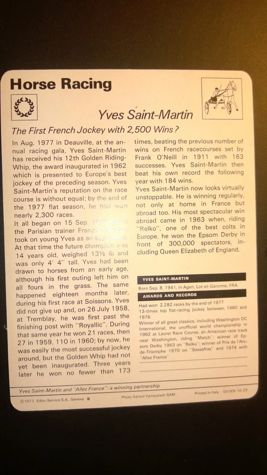 Tarjeta Sportscaster 1977 carreras de caballos YVES SAINT-MARTIN, MUY BUENA Foto 2 de 2