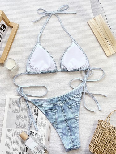 Neu Damen-Bikini-String Denim Bademode mit Seitenbindung 2-teilig Badeanzug Badeanzüge - Bild 7 von 13