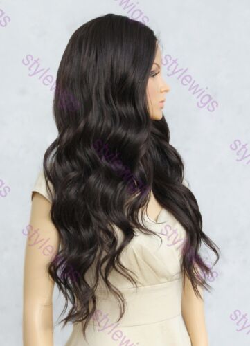 Peluca marrón oscuro larga onda de cuerpo calor OK frente de encaje mezcla de cabello humano EVGE - Imagen 4 de 11