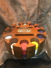 Vintage Wooden Poker Chip Caddy Lazy Susan. With Original Chips And Cover 1950s!