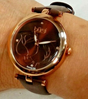 NWOT Women's Burgi BUR128BR BRN Etched Flowers & Diamond Dial Watch New Battery