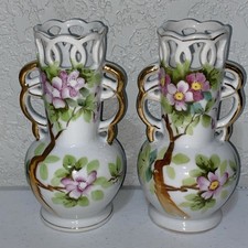 Set of 2 VTG Decorative Floral Vases UGC Made In Occupied Japan Handpainted 6”
