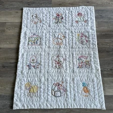 Vintage Hand Sewn Baby Quilt Nursery Rhymes White Embroidered 38x51 RARE Country