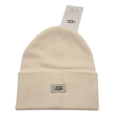 UGG Logo Knit Folded Cuff Beanie Hat Winter White One Size NWT