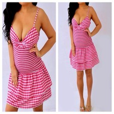 HAUTE MONDE Red White Checkered Bow Short Mini Dress Smocked L Large NEW