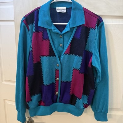 Vintage Alfred Dunner Sweater Color Block 1980s Look Teal Purple Pink M
