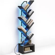 6-Tier Tree Bookshelf — Narrow Floor Standing Bookcase, Tall Steel & Wood Boo...