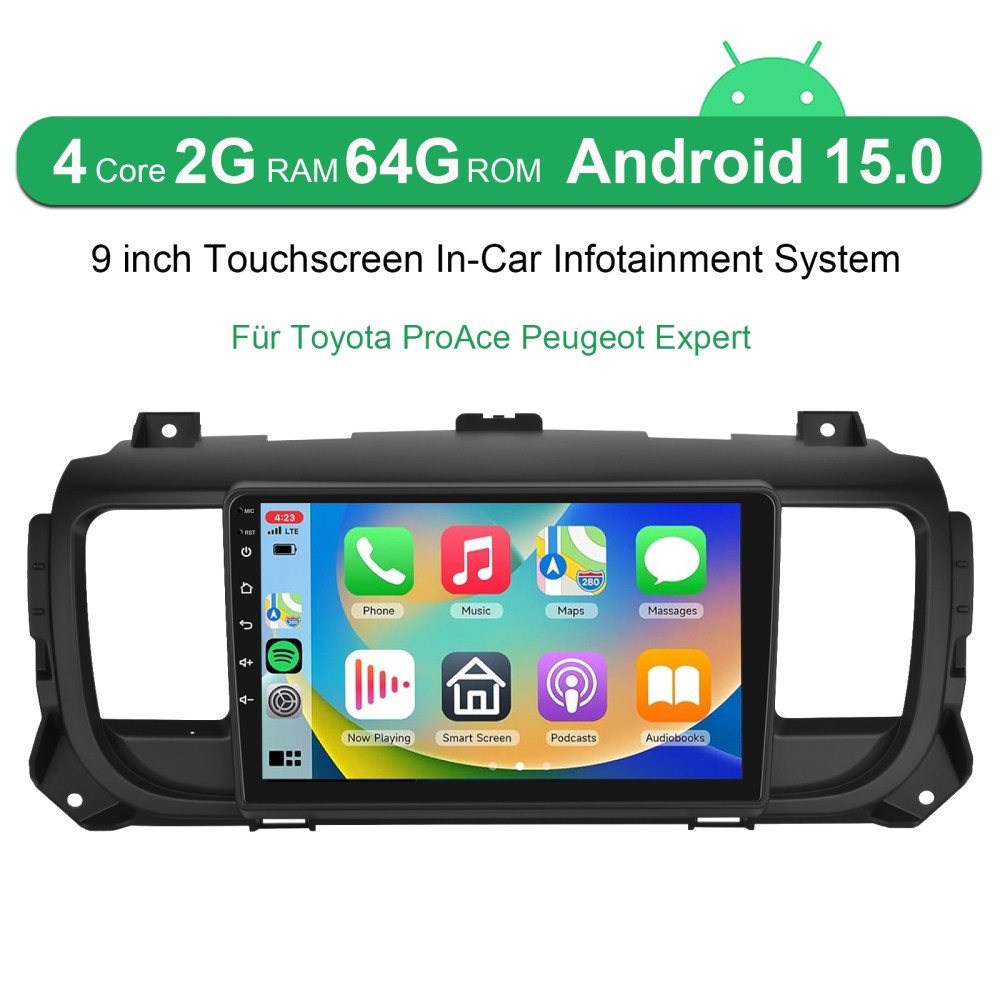 Autoradio 9" Carplay per Toyota ProAce Peugeot Expert Android 15 GPS Navi 2+64GB foto 2