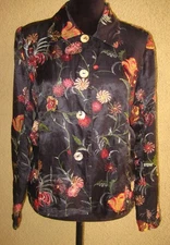 Citron Santa Monica silk linen black multicolor floral embroider button blouse M