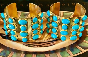 Authentic Gold Plated Turquoise Cuff Bangle Bracelet, Adjustable Statement Jewelry