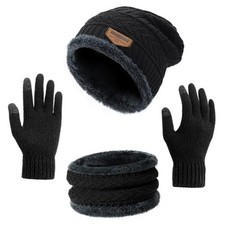 Winter Beanie Hat Circle Scarf Touchscreen Gloves Set, Snow Knit Skull Black