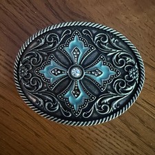 VTG Western Turquoise Enamel Scrollwork SilverTone Oval Belt Buckle Rhinestones