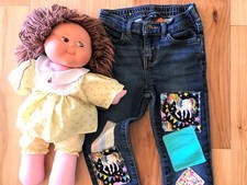 Little Girl's Jeans Upcycled Unicorn Theme Patchwork Elastic Waist Pants, Size 5