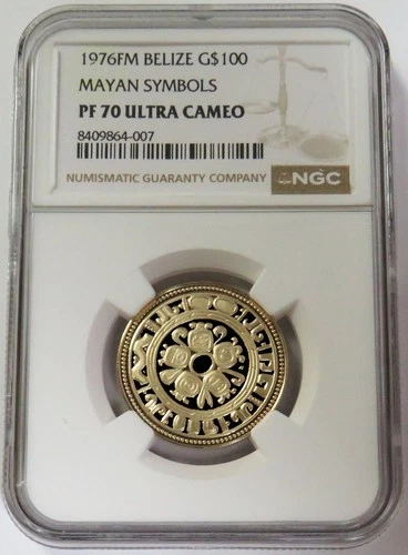 1976 FM GOLD BELIZE $100 MAYAN SYMBOLS PROOF NGC PF 70 ULTRA CAMEO
