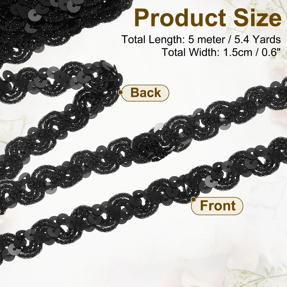 Cinta de ribete de lentejuelas de 5,4 yardas 0,6 pulgadas ribete trenzado de lentejuelas, negro Foto 2 de 4