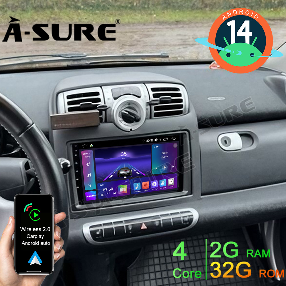 Autoradio SXAUTO Android 14 Per Smart Fortwo 451 (2005-2010) – 2GB/32GB, Carplay Wireless, DAB, Navigazione GPS, 9 Pollici