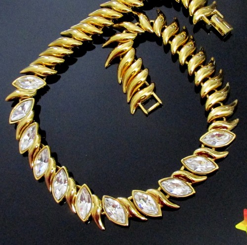 VTG RUNWAY NAPIER TRIPLE GP MARQUISE CRYSTAL NECKLACE 17" CRESCENT CHAIN LUXE - 第 9/15 張圖片