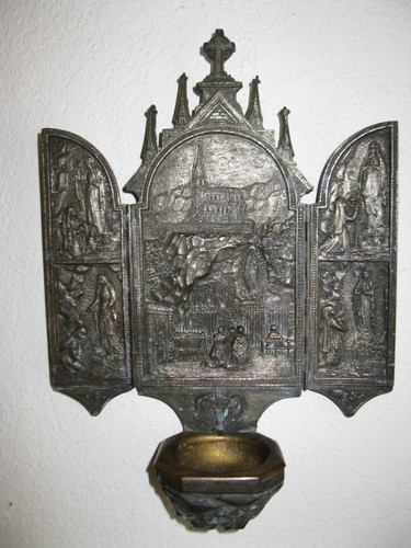 OUR LADY OF LOURDES & ST BERNADETTE BRONZE TRIPTYCH HOLY WATER FONT FRANCE
