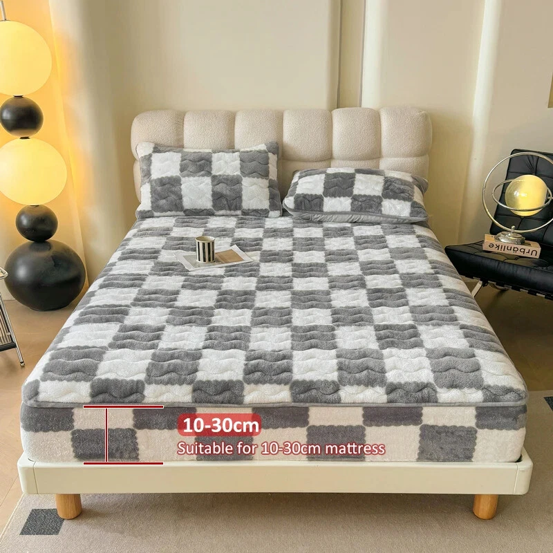 Sábana bajera de terciopelo grueso color liso funda de colchón suave felpa sábanas ajustables Foto 2 de 4