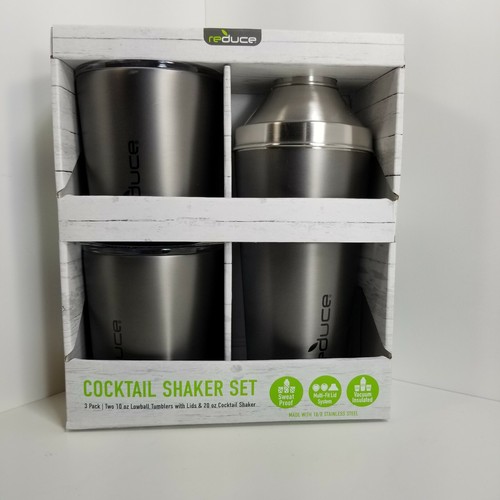 Reduce Cocktail 3-Piece Shaker Set with 10-oz. Lowball Tumblers (Charcoal) - NEW
