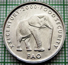 SOMALIA 2000 5 SHILLINGS, ELEPHANT, FAO SERIES, ALUMINIUM UNC