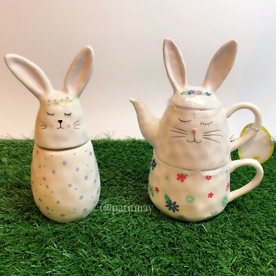 NEW Easter 2022 Ceramic Easter Bunny 2 Pk Teapot and Tea Cup 9''(NEW WITH TAG)