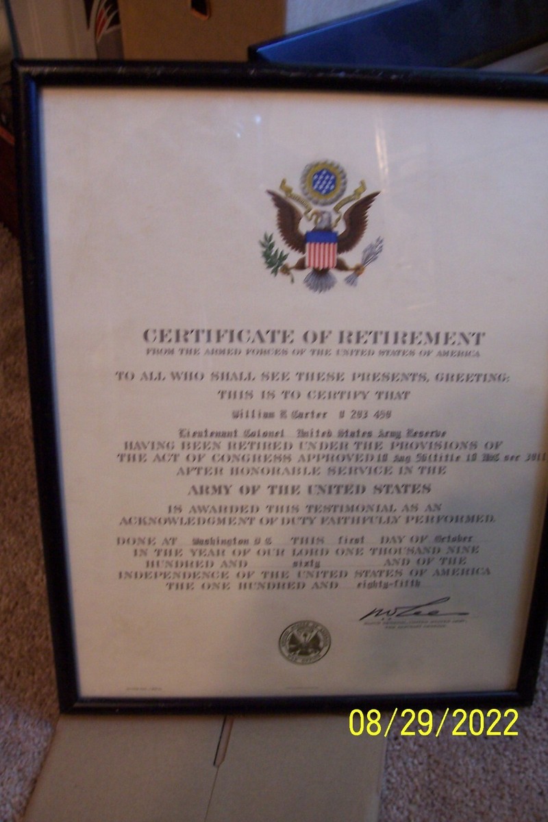 United States Army Reserve Certificate of Retirement - 1960 | eBay