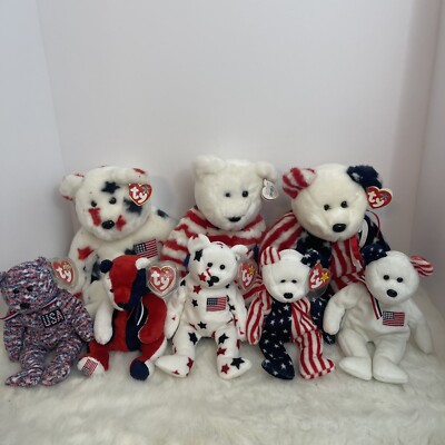 Lot of 8 Patriotic Ty Beanie Babies & Buddies Patriot Spangle Glory USA