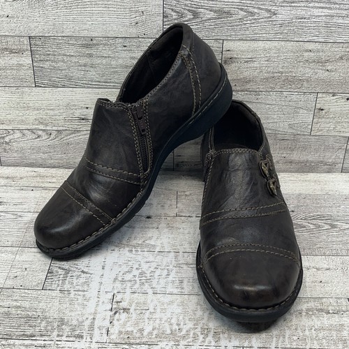 Clarks Collection Shoes Women’s 7M Casual Slip On Loafers Brown Leather Side Zip