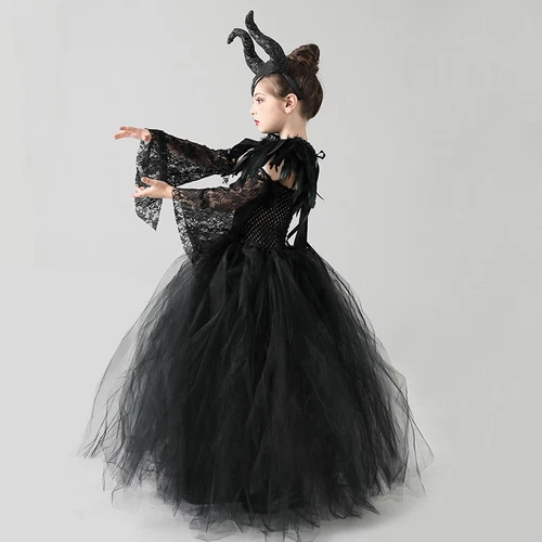Kids Girls Maleficent Cosplay Costume 7Pcs Halloween Witch Fancy Dress Book Week - Bild 16 von 26