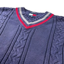 VTG Tommy Hilfiger Men's Preppy Varsity Chunky Cable Knit Sweater Blue   XL